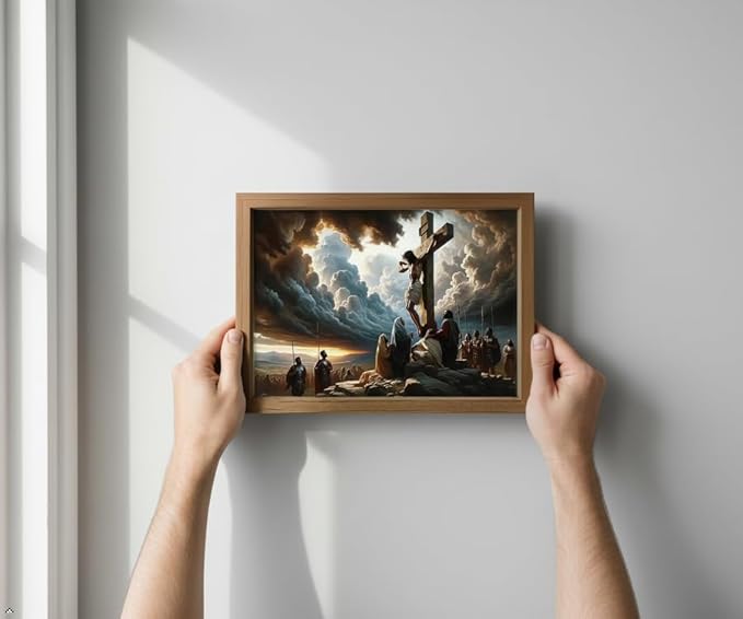 Jesus Crucifixion Wall Art 8x10 Inch Framed Christian Canvas Print, Religious Cross Picture Decor for Prayer Room Church Living Room Bedroom, Ready to Hang or Stand with Easel Back