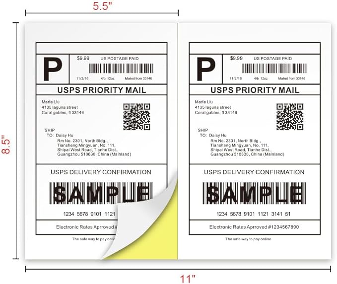 50 Half Sheet Shipping Labels 2 Per Sheet -25 Sheets Sticker Paper for Laser & Inkjet Printers Waterproof Shipping Labels - Strong Aadhesive for Packaging & Crafting