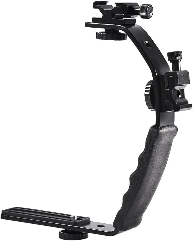 Camera L Bracket Mount Video Grip L Shaped Aluminum Alloy Heavy Duty Camera Bracket Holder with Dual Flash Cold Shoe Mount 1/4" Tripod Screw for DSLR Camcorder