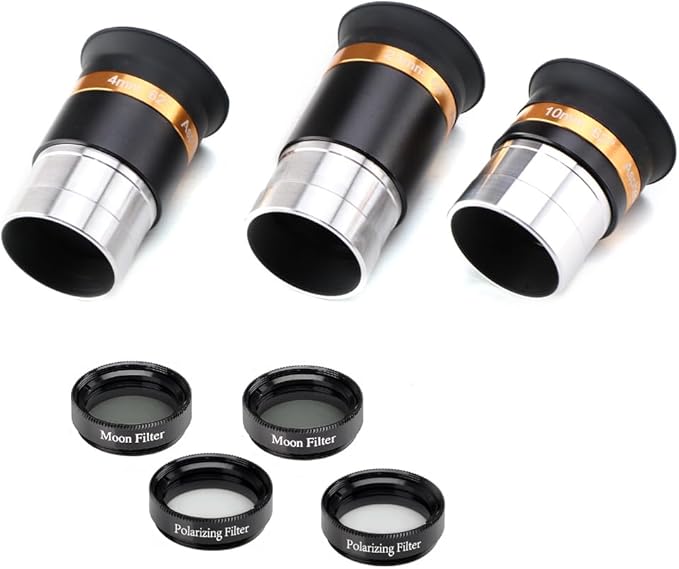 Starboosa 62° Aspheric Eyepiece Set, 1.25" (23mm/10mm/4mm) with 5X Barlow & 4 Filters (2 Polarizing, 2 Moon) — Multi-Coated Optics — Soft Fold-Down Eyecups — Fits Most Telescopes