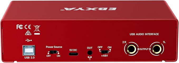 EBXYA 2x2 Audio Interface for Recording Music, 24-bit/192kHz Plug and Play USB Interface for PC and Mac, Studio, Guitar, Podcast, Streaming(Metallic Red)