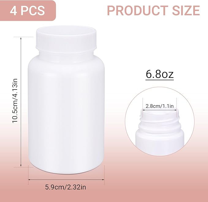 UMETASS White Pill Bottle, Empty Medicine Bottles with Screw Caps for Pills Capsules Vitamins, Food Grade Plastic Medicine Containers with Labels for Travel (6.7oz/200ml, 4 Pcs)