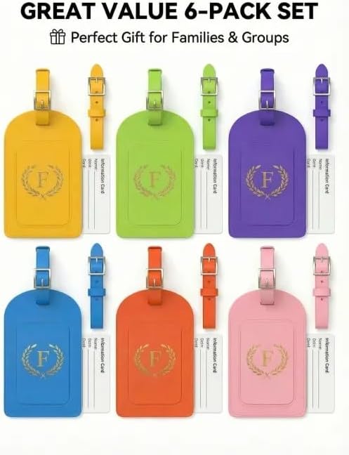 Luggage Tags for Suitcases 6 Pack PU Leather Travel Bag Tags with Privacy Cover & Stainless Steel Buckle, Vegan Leather Name ID Labels for Travel Bags, Cruise, Airline, Backpack, Baggage Identifier(F)