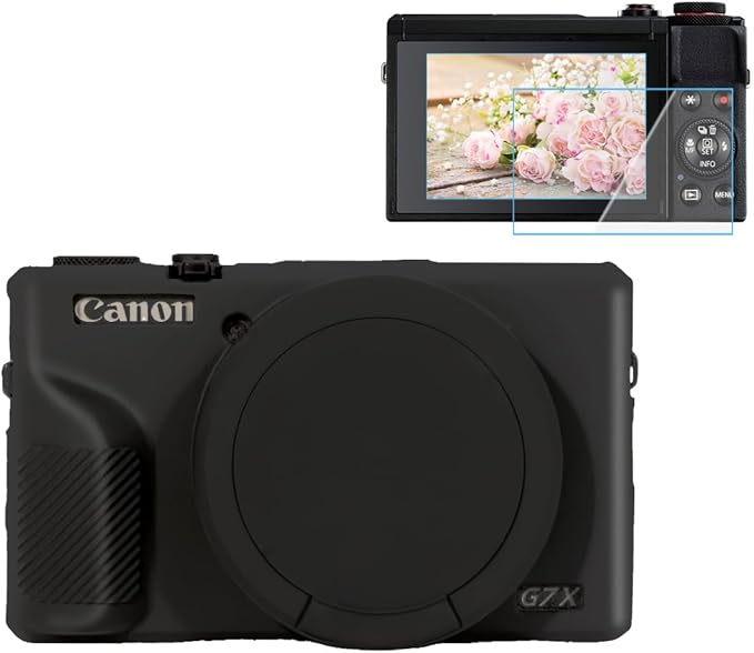 Pocoukate Case for Canon G7X Mark III Camera, Soft Silicone Protective Cover Skin with Removable Lens Cover for Powershot G7X Mark iii, Silicone Case with G7X3 Screen Protector Accessories - Black