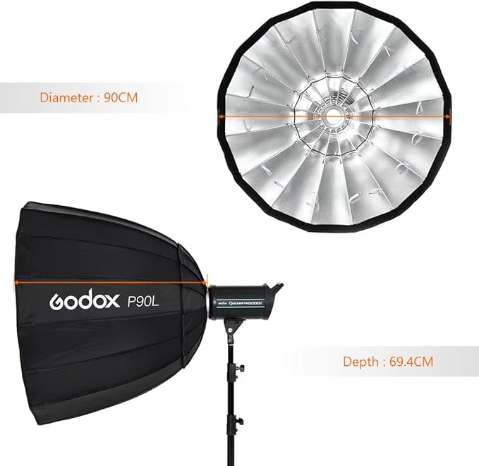 Godox P90L 90cm 35.5 inch Portable Deep Parabolic Softbox Bowens Mount Studio Flash Reflector Photo Studio Softbox for Studio Flash SK400II DP600II DP400II DE300 DE400 and Outdoor Flash AD600 AD600BM