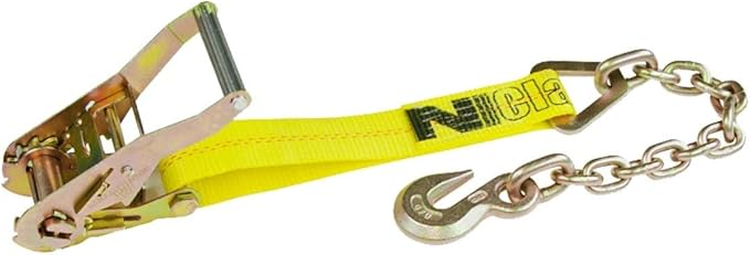 VULCAN Ratchet Strap with Chain Anchors - Classic Yellow - 2 Inch x 27 Foot - 3,600 Pound Safe Working Load