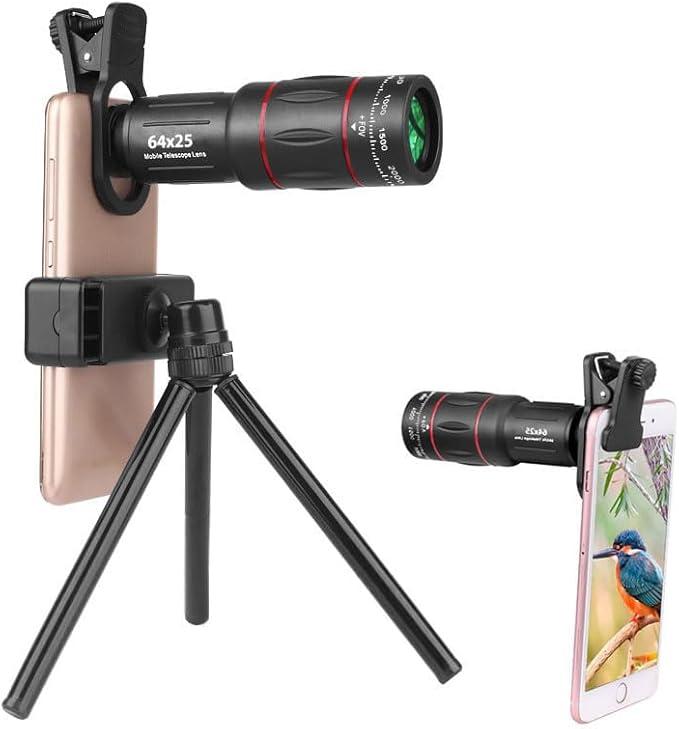 64X Zoom Mobile Phone Telephoto Lens with Tripod & Phone Clamp - HD FMC Monocular Lens for Long Distance Photography, Bird Watching, Sports & Vlogging (Universal Smartphone Lens)