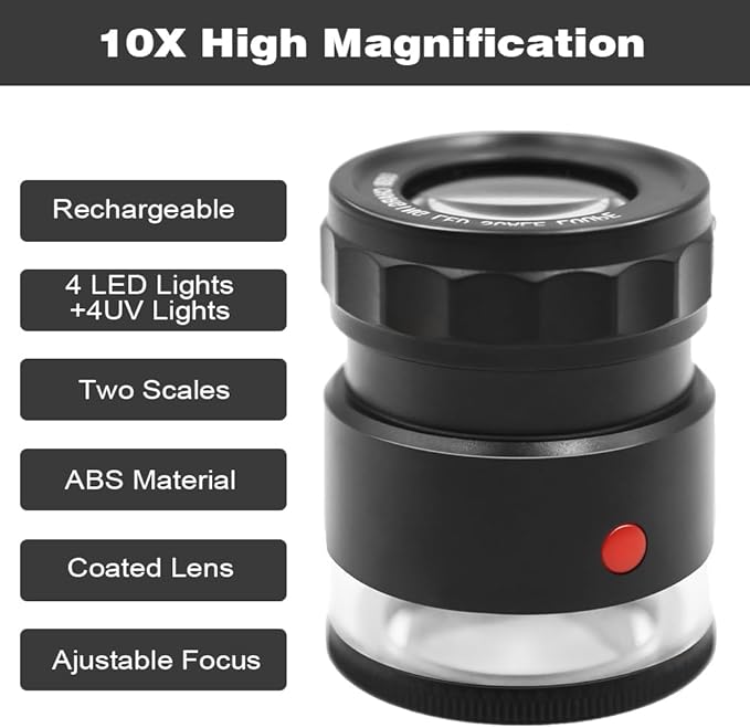 10x Loupe Magnifier Rechargeable Jewelers Loupe with UV and LED Lights, Illuminated Eye Loop Adjustable Focus Jewelry Magnifying Glass with Detachable Reticle Scale for Gemstones Identification