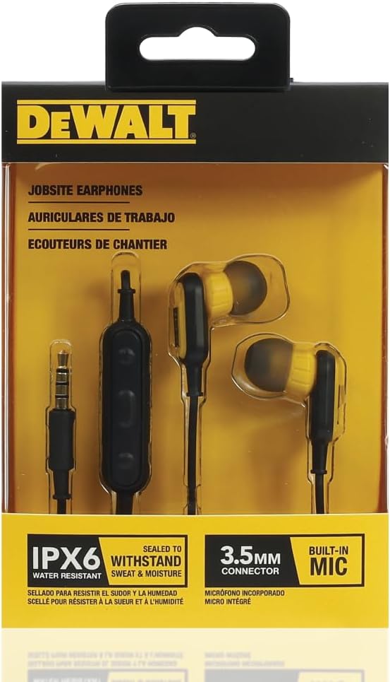 DEWALT Heavy Duty Wired Earphones with Microphone, Jobsite Earbuds Wired 3.5mm, Water-Resistant 3.5mm Earbuds with Mic, Connected Headphones for Outdoor Work