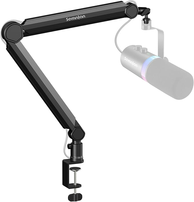 LM08 Mic Arm Stand, 360° Microphone Stand with Cable Management Channels, Desk Clamp, Thread Adapter, Fully Adjustable Built Podcast Mic Boom Arm for Streaming Gaming Recording Black