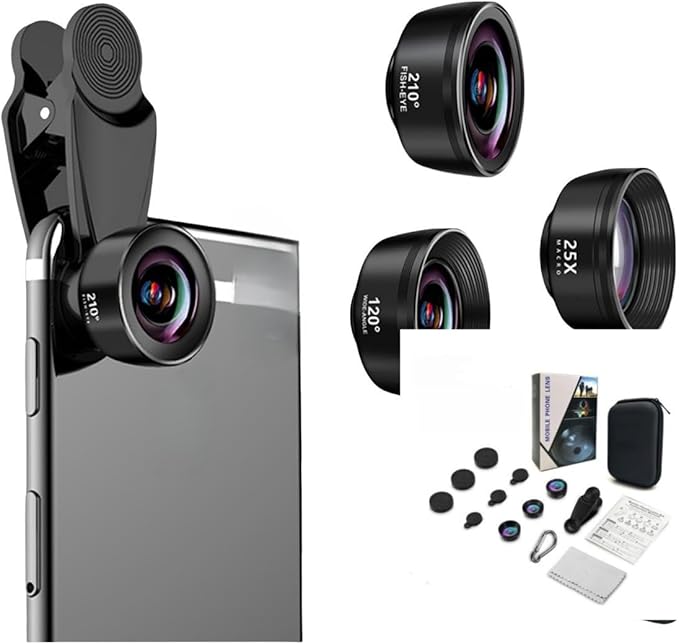 3-in-1 Phone Camera Lens Kit – 210° Fisheye Lens, 120° Wide Angle Lens, 20X Macro Lens for iPhone, Samsung & Android Smartphones – HD Optical Glass, Universal Clip, Portable Case (Black) (3 in 1)