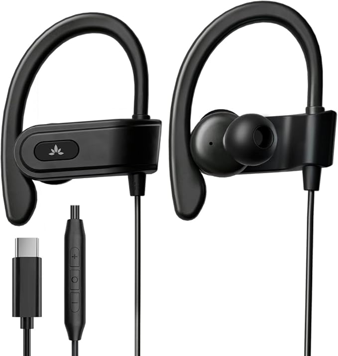 Avantree C171 - USB-C Wired Earbuds with Microphone & Volume Controls, Compatible with New iPhone 15 & 16, Samsung, Google & Android Type C Phones Headphones with Ear Hook for Running & Sports