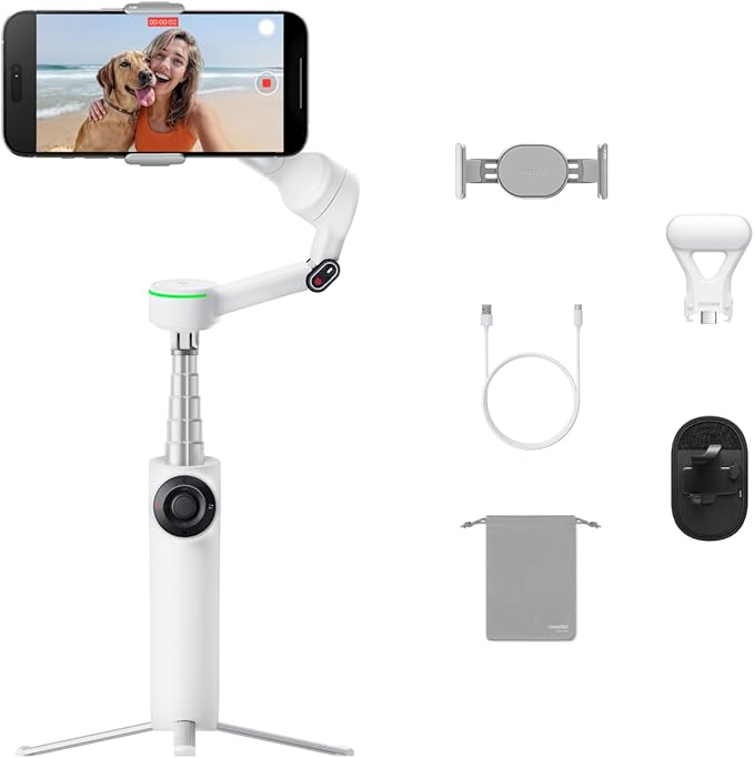 Insta360 Flow 2 Pro Vlog Bundle White - Foldable AI Phone Gimbal, Track in 200+ Apps with Apple DockKit, 360º Pan Tracking, Built-in Tripod/Selfie Stick, Remote Control, Spotlight/Backpack Mount