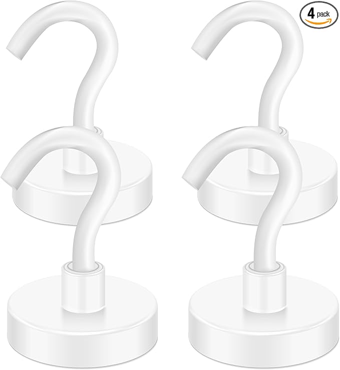 MIKEDE Magnetic Hooks, 50LB+ Heavy Duty Magnet Hooks for Cruise Cabins, Super Neodymium Hanging Hooks White Strong Magnets with Hook for Fridge, Magnetic Hanger for Grill, Toolbox - Pack of 4