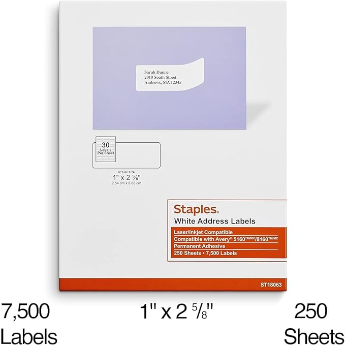 Staples 1" x 2-5/8" Address Labels, White – Easy-Peel Printable Laser & Inkjet Mailing Labels, 7,500 Labels (30 per Sheet)