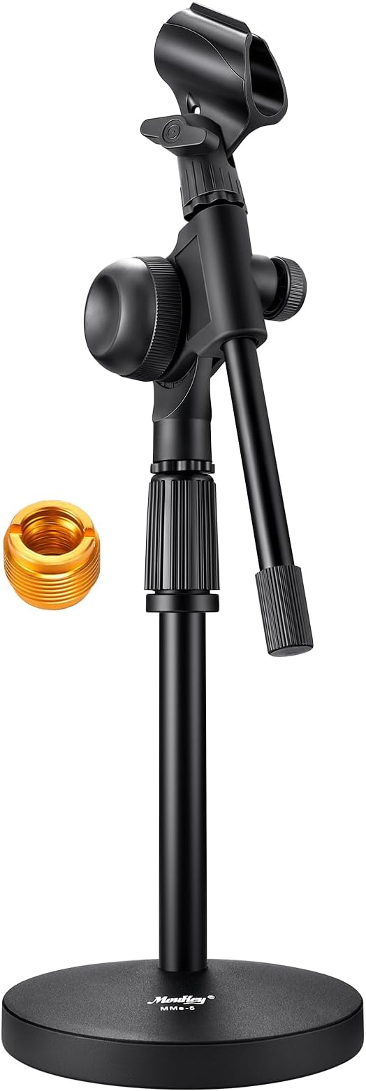 Moukey Mic Stand Desk Adjustable Tabletop Microphone Stand with Non-Slip Mic Clip, Short Table Mic Stand with Gear Fixing, Boom Arm, 3/8" and 5/8" Adapter, MMs-5