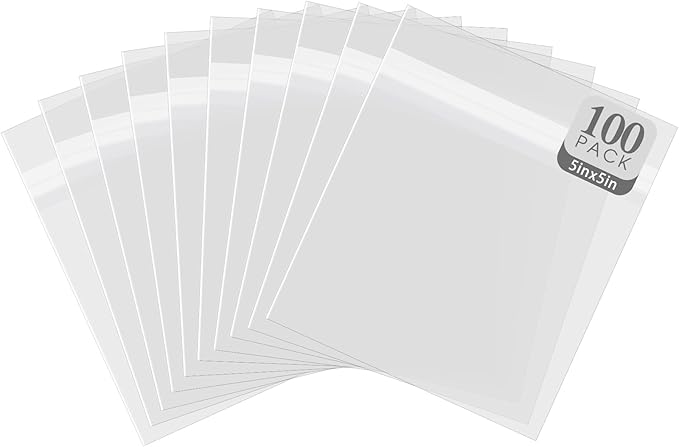 Golden State Art, Pack of 100 5 x 5 Crystal Clear Storage Sleeves, Acid-Free Resealable Cellophane Bags for 5x5 Cards, Candle, Soap, Gift Supplies