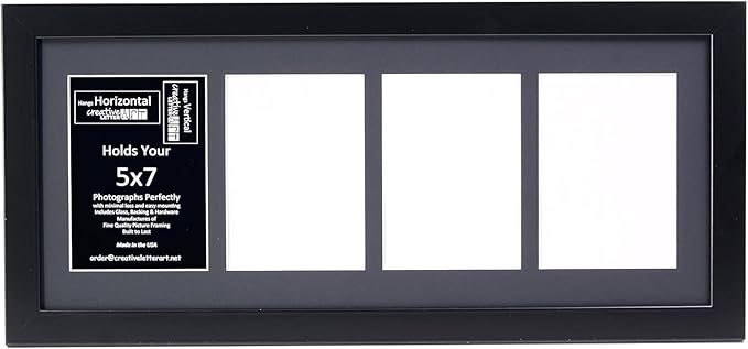 Creative Letter Art - 4 Opening 5x7 Black Picture Frame with 10x24-inch Black Mat Collage including Full Strength Glass, Alphabet Photography