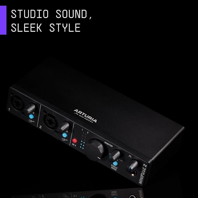 Arturia - MiniFuse 2 - Compact USB Audio & MIDI Interface with Creative Software for Recording, Production, Podcasting, Guitar - Black