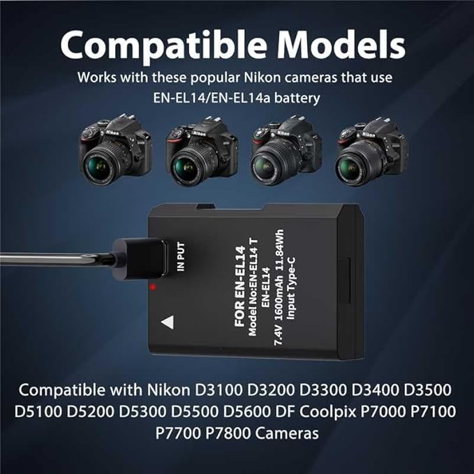 LP EN-EL14 EN-EL14a Battery 1600mAh 2-Pack with USB-C Fast Charging Cable for Nikon D3100 D3200 D3300 D3400 D3500 D5100 D5200 D5300 D5500 D5600 DF Coolpix P7000 P7100 P7700 P7800 Cameras