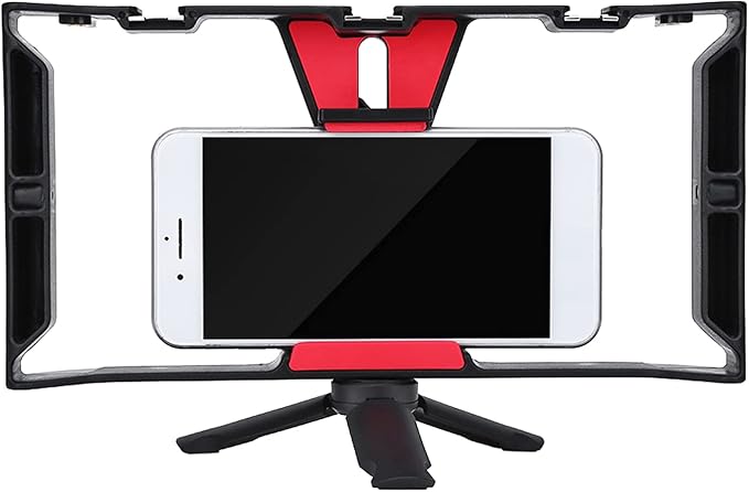 Dual Handle Phone Stabilizer | Adjustable Smartphone Rig with 3 Cold Shoe Mounts/Tripod | Handheld Gimbal for Live Streaming/Vlogging/Film Making | Portable & Sturdy ABS