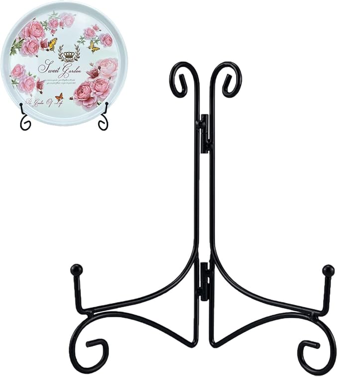 SVENJBB Black Iron Plate Stand, 8 Inch Plate Holder for Display, Small Metal Plate Display Stands for Cookbook, Picture Frame, Photo, Decorative Plates (8 Inch, 2 Pack)