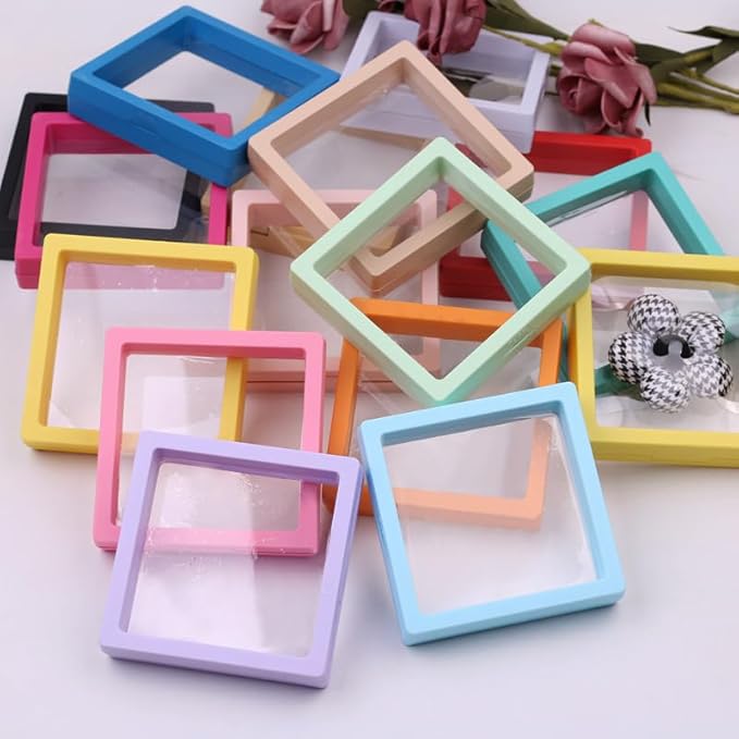 12PCS 3D Floating Frame Display Stand, Jewelry Box, Gift Box, Ornament Organizer, Small Travel Jewelry Box, PE Film Anti-Oxidation, Suspended Display Box Stackable (3.54*3.54，Type 7)