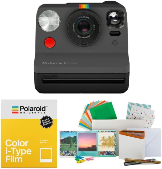 Polaroid Originals Now Viewfinder i-Type Instant Camera (Black) Bundle with Color Instant Film for i-Type Cameras (8 Exposures) and Film Kit with Magnetic/Hanging Frames and Storage Box (3 Items)