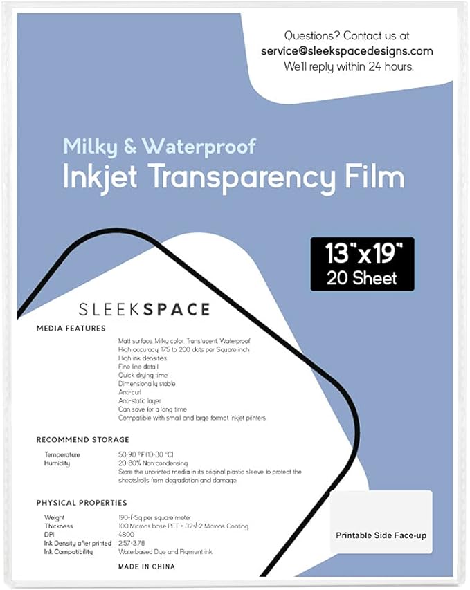 Sleek Space Milky Transparency Film for Inkjet Printers, Screen Printing | 100% Waterproof, Anti-curl, Anti-static | High Ink Density, Quick Dry Ink | For Silk Screen, Offset, T-Shirts | 190 +/-5 psm