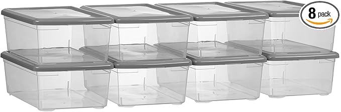 novelinks 6 Quart Clear Plastic Storage Bins with Lids Stackable Box Craft Storage Organizing Container,8 Pack (Gray)