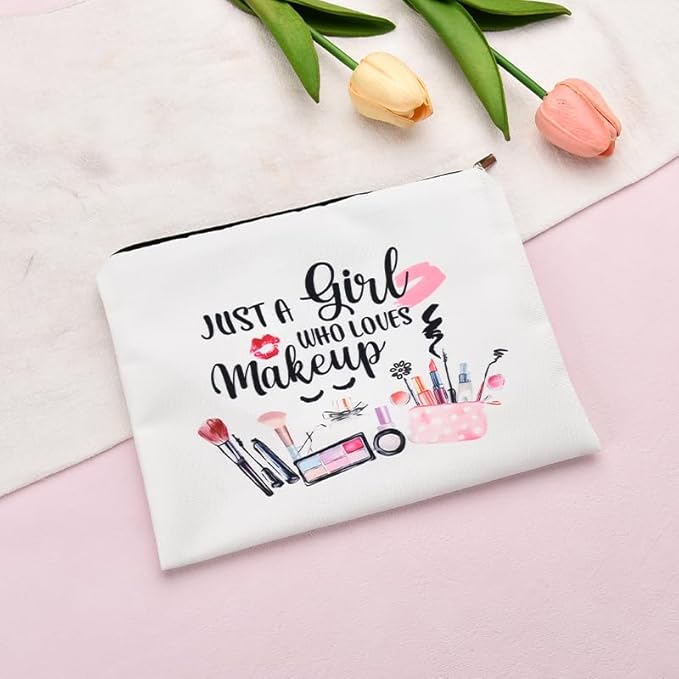 Funny Cosmetic Bag for Women Just A Girl Who Loves Makeup Bag for Girls Christmas Birthday Gifts for Daughter Friend Granddaughter Travel Toiletry Pouch With Zipper Makeup Cosmetic Pouches