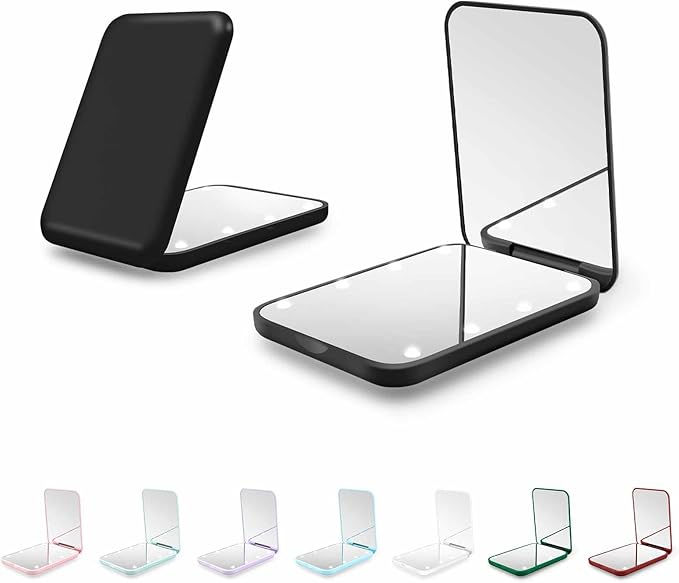 Compact Mirror, 1X/3X Magnification LED Pocket Mirror with Nternal BIattery, Mini Mirror for Purse, Pocket,Travel and Present (Black)