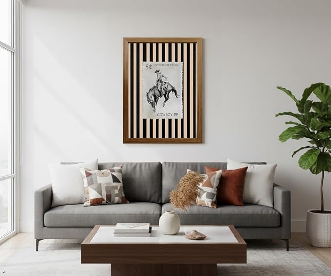 Cowboy Wall Art Framed Poster 8x10in Western Vintage Stamp Decor Rustic Farmhouse Cowboy Print Wooden Frame Picture for Bedroom Living Room Office, Desk or Wall Display with Stand & Hook, Waterproof Fade-Resistant