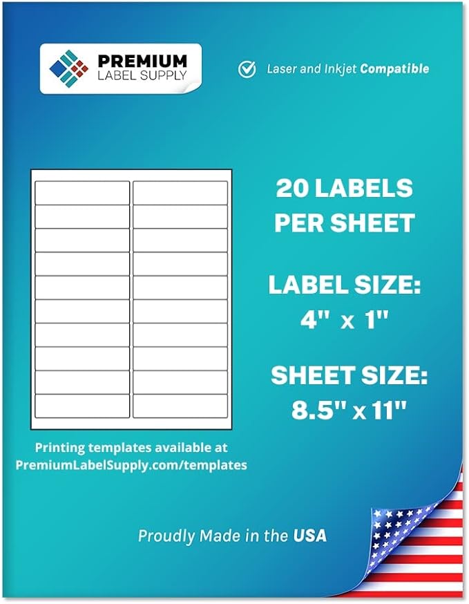 Premium Label Supply White Sticker Address Labels – 4" x 1" – Laser/Inkjet Compatible – (20 per Sheet), 500 Sheets – 10,000 Total Adhesive Labels