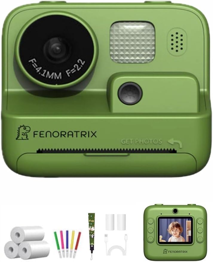 Instant Print Camera for Kids – No Ink Needed, 2.4" Screen, Selfie & 1080P Video, 10X Zoom, 3 Paper Rolls, Stickers & Markers, Fun Creative Gift for Boys & Girls Ages 3 4 5 6 7-12– FENORATRIX Green