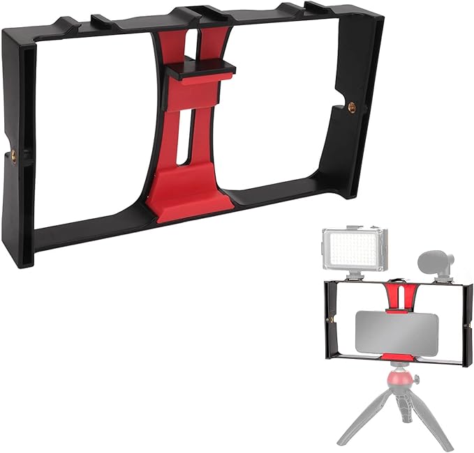 Phone Video Camera Cage, Lightweight ABS Handheld Smartphone Stabilizer Rig, Adjustable 4.3-10.8cm - Durable Shockproof Design, Multiple Mounting Options, Perfect for Vlog and (Red)