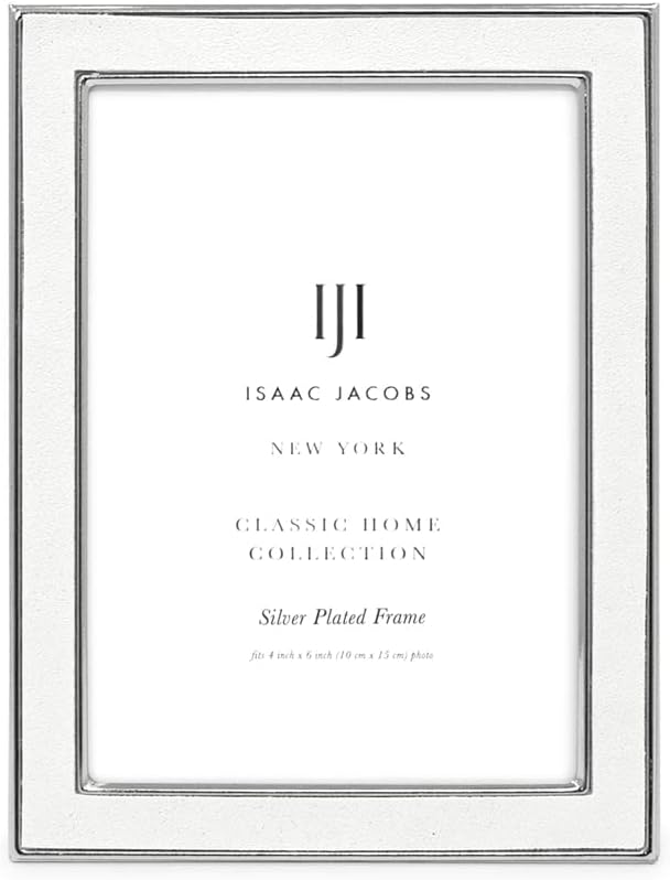 Isaac Jacobs 4x6 White Leather with Silver Metal (Vertical & Horizontal) Picture Frame, Suede Border w/Black Fabric Easel, Wall-Mountable, Made For Tabletop, Photo Gallery (4x6, White W/Silver)