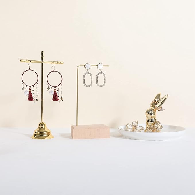 GemeShou brass earring display stands for selling, wooden ear ring holders for jewelry, single stud holder jewelry display【Brass earring stand Height-Beech】