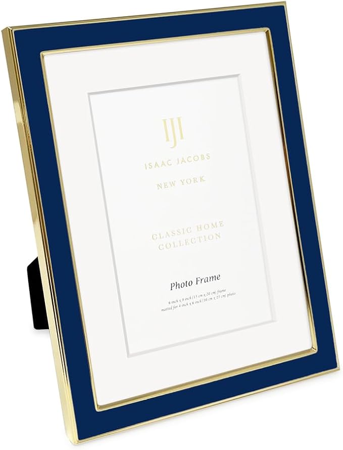 Isaac Jacobs 6x8 (Matted 4x6) Navy Enamel Picture Frame with Gold Metal Edge and Easel, Tabletop Display, Wall Décor, Photo Gallery, (6x8 (Matted 4x6), Navy with Gold)