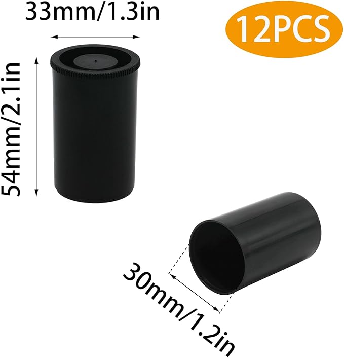 PINE & LINEN 12pcs Black Film Canisters with Lids,33mm/1.3inch Caliber Plastic Film Canisters Camera Reel Containers, Storage Containers for Science Art Projects/Sewing Hobbyists