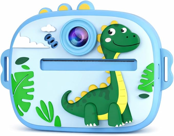 Kids Instant Print Camera, Cute Dinosaur Theme No-Ink Thermal Printing Digital Camera Toy, Rechargeable Portable Camera for Girls & Boys Ages 3–12, DIY Black and White Photo Prints (Blue)