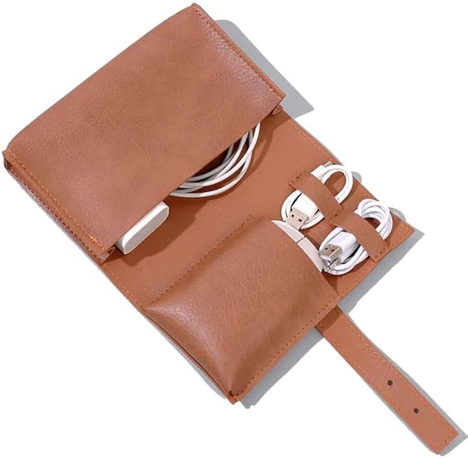 Vintage Pu leather Electronic organizer travel case,cord organizer travel, Leather charger shortage for essentials mouse, adapter, cables (vintage brown)