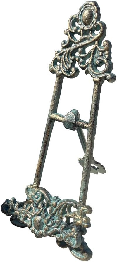 Decorative Metal Easel Stand, Vintage Turquoise Cast Iron, Ornate Scroll Design, 13.4x5.5 Inches, Display Holder for Art, Photo, Book,Tablet and More