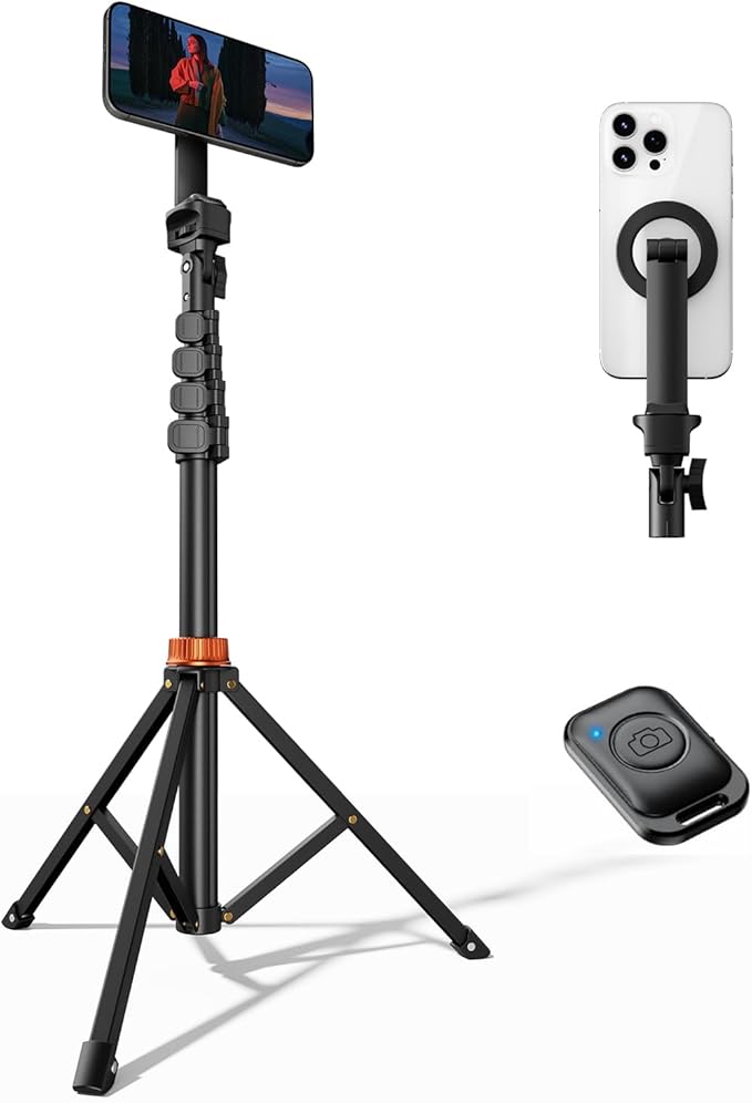 Phone Tripod, Tripod for iPhone with Remote & Strong Magnetic Holder for Magsafe, Stable Cell Phone Tripod for Video Recording, Essential Tripod & Monopod Accessories for iPhone/Android