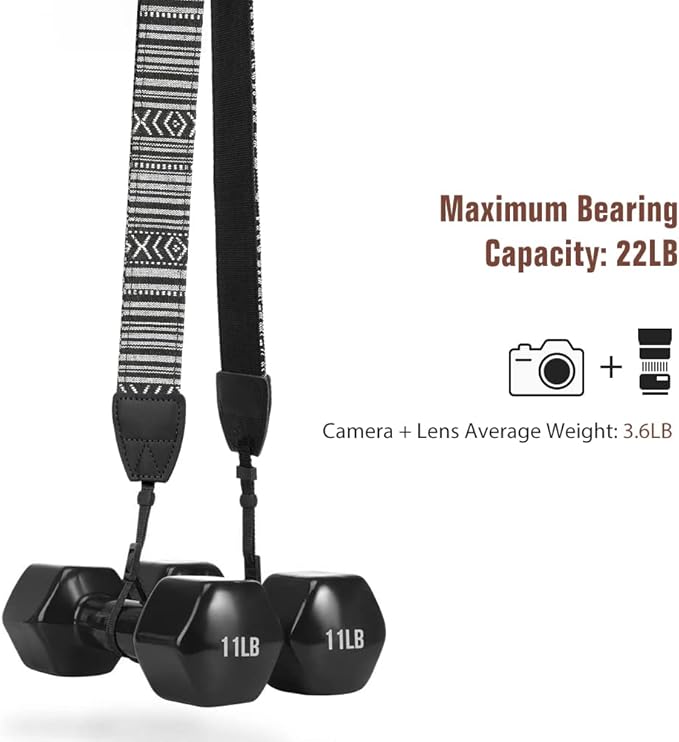 MoKo Camera Strap, Retro Cotton Canvas Woven Strap Universal Shoulder Neck Sling Belt for ALL DSLR/SLR Cameras Canon/Sony/Nikon, Adjustable Thin Strap for Adults & Kids, Black & White