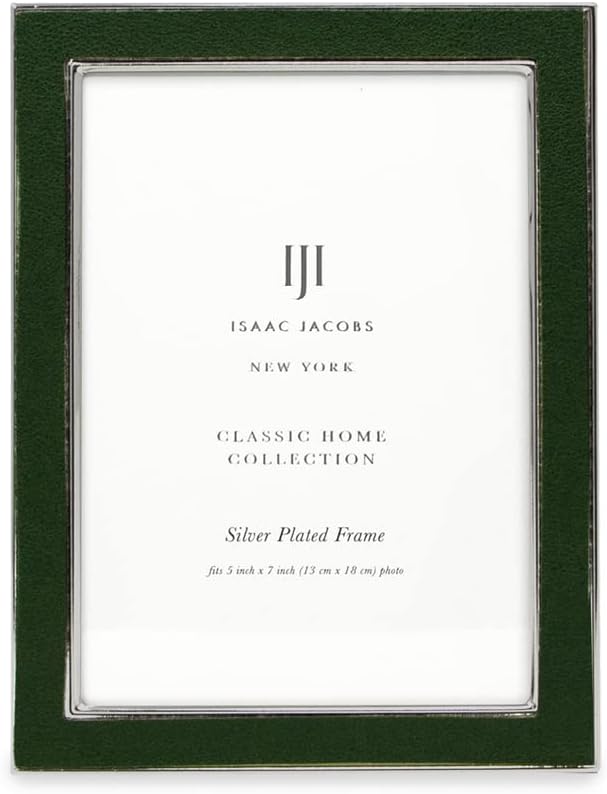 Isaac Jacobs 5x7 Olive Leather with Silver Metal (Vertical & Horizontal) Picture Frame, Suede Border w/Black Fabric Easel, Wall-Mountable, Made For Tabletop, Photo Gallery (5x7, Olive W/Silver)