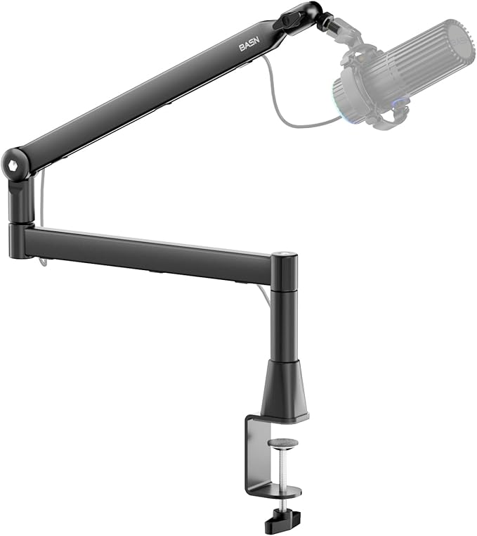 BASN Low Profile Mic Arm, Microphone Boom Arm Stand with Desk Clamp - Rotatable & Storable Design, Cable Management Channel, 3/8" to 5/8" Thread Adapter for Podcast, Gaming, Streaming, Vocal Recording