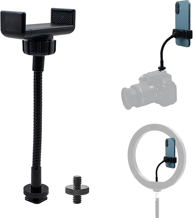 Universal Camera Phone Holder with Hot Shoe and 1/4" Screw Adapter, Adjustable Flexible Gooseneck Arm Cell Phone Mount Attachment Replacement for Camera, Ring Light and Tripod Stand