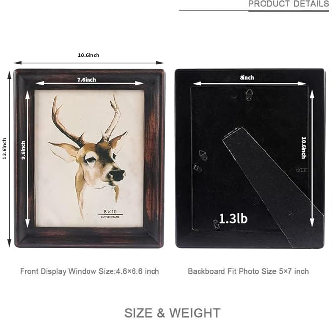 Picture Frame 8x10,Black Rustic Wood Frame with Glass Front, Wall Mount or Table Top