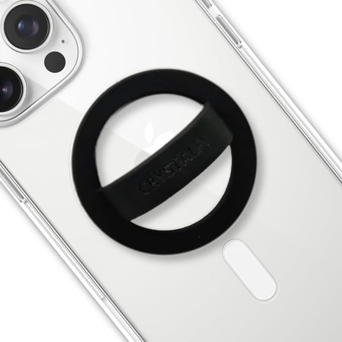 Grips by CRYSTALFY Magnetic Phone Grip & Silicone Phone Holder with Loop, Extra Metal Ring, Compatible with MagSafe & Non-MagSafe iPhone Cases - Secure Cellphone Loop Handle (Black)